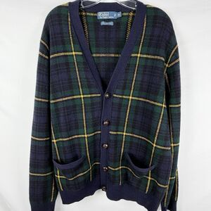 VTG Polo Ralph Lauren Mens XL Cardigan Lambswool Navy Tartan Plaid Sweater